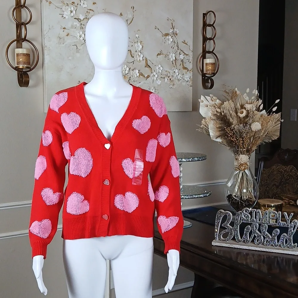 New Red And Pink V-Neck Embellished Cardigan With Heart Shape Buttons. XXS - Picture 11 of 17